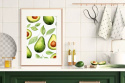 Aranżacja kuchni z plakatem oprawionym w ramkę z owocami avocado.